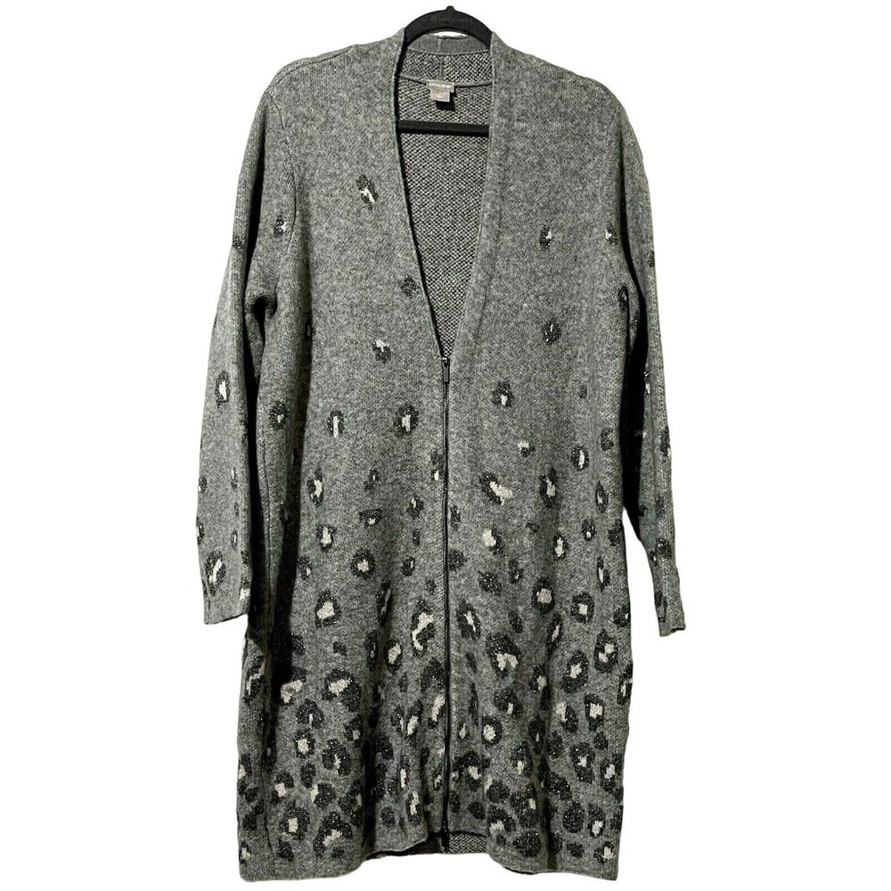 Chico’s sz 1 (8/M) acrylic blend gray v neck zip gray/pink animal print cardigan